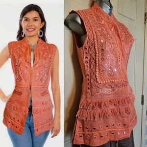 Boston Proper coral mirror embellished fringe cardigan top